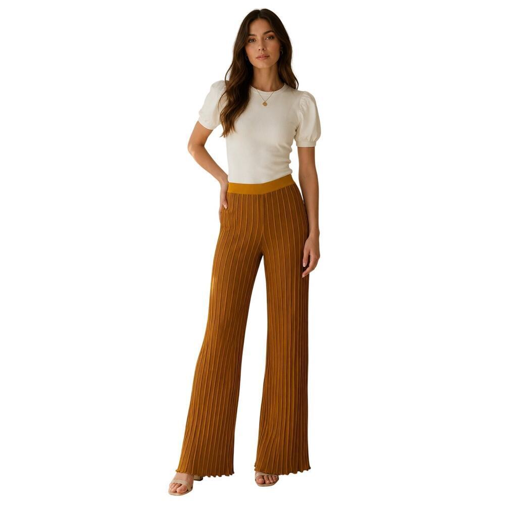 Veiled New York Ribbed Knit Pleated Wide Leg Pants Mustard Gold Size L